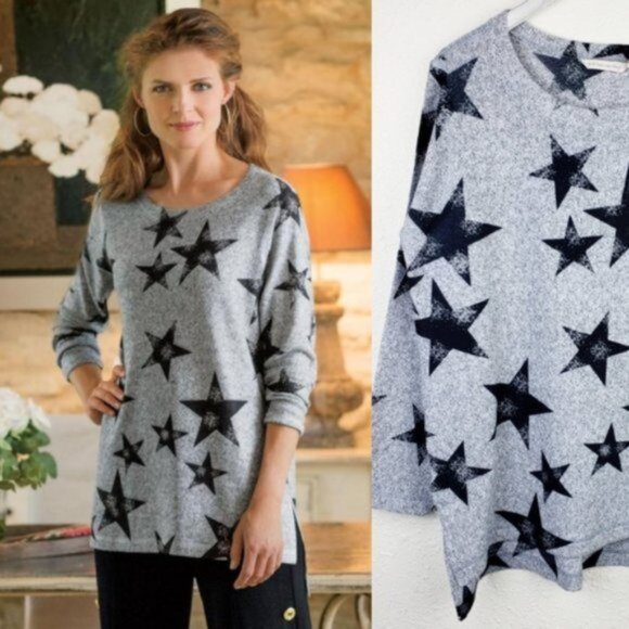 Soft Surroundings E´toile Stars Print Sweater Pullover size LP Boho Resort Soft - Picture 1 of 12